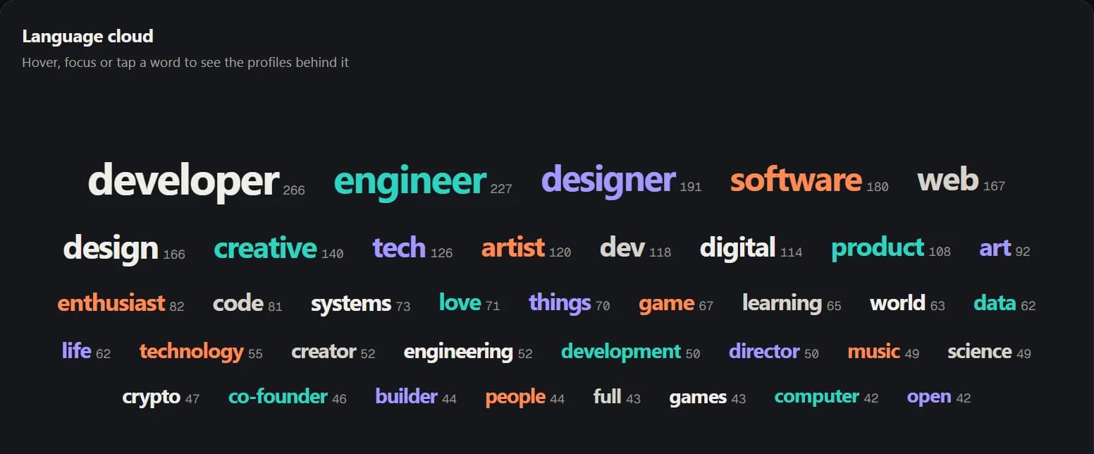 Revealed language cloud of the most common words in follower bios, led by developer, engineer, designer, software and web